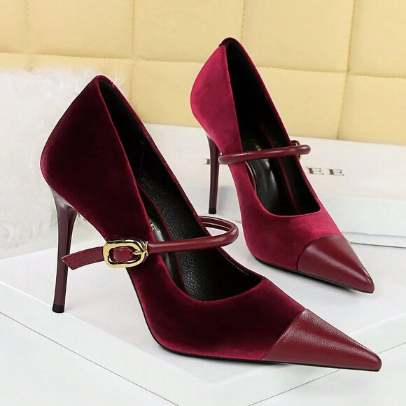 Burgundy Women's Sexy Party High Heels with Thin Heels and Buckle Detail - Picture 3 of 6